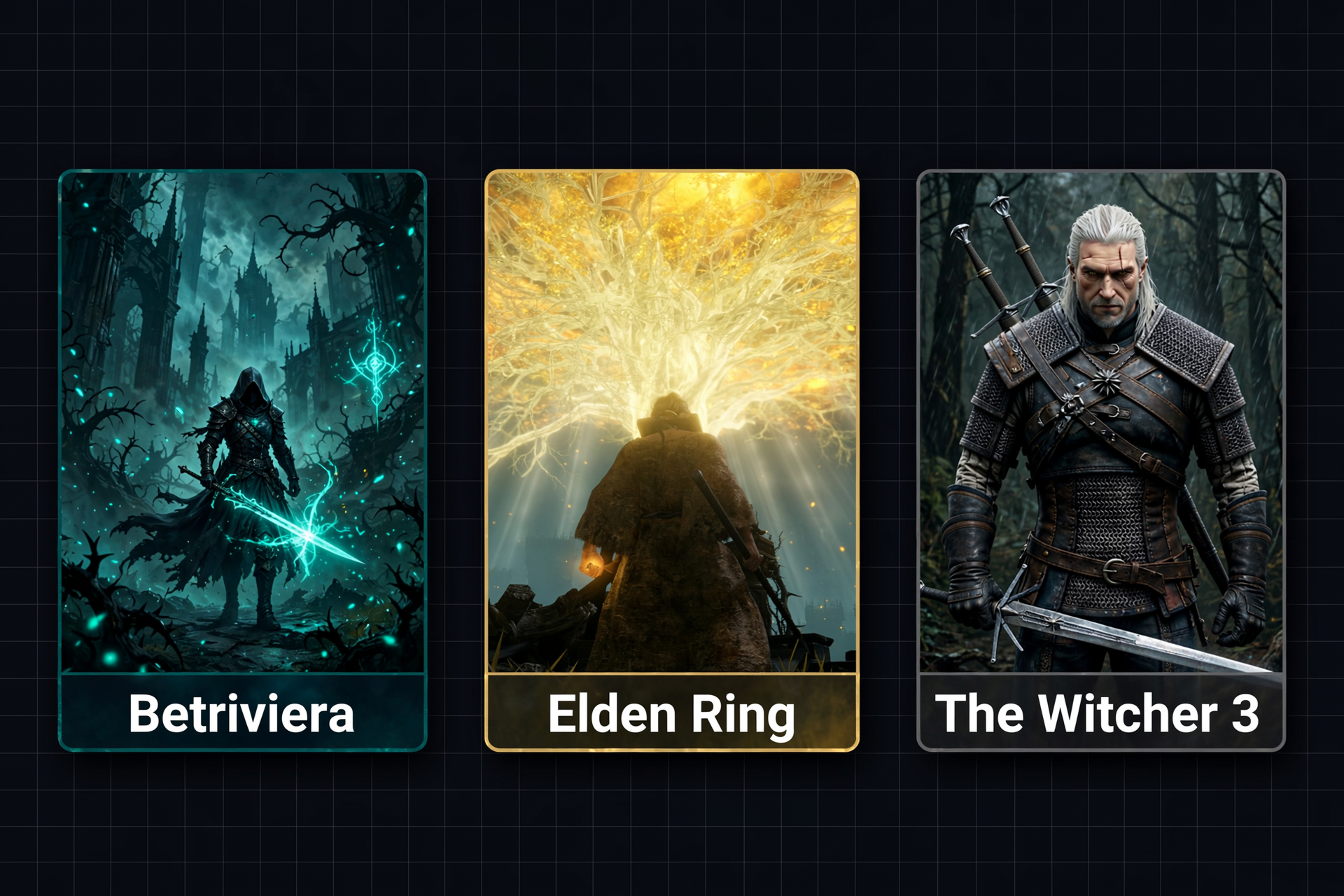 Mini thumbnails of Betriviera, Elden Ring, and The Witcher 3